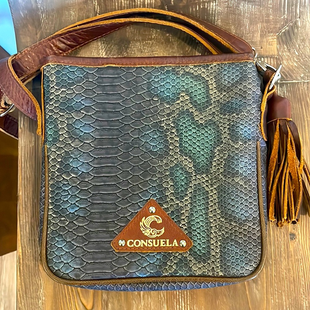 Consuela Crossbody Bag Leather Snake Print Blue and Copper GORGEOUS